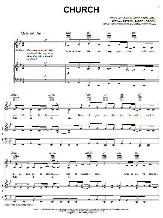 OutKast Church Sheet Music Notes & Chords for Piano, Vocal & Guitar (Right-Hand Melody) - Download or Print PDF