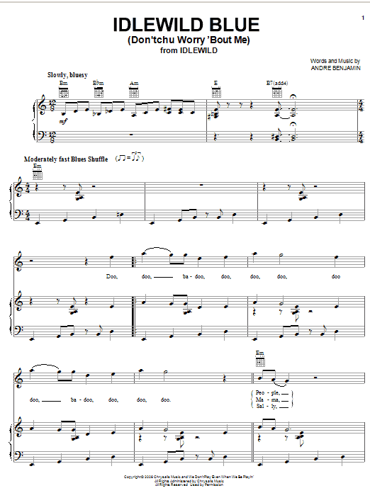 OutKast Idlewild Blue (Don'tchu Worry 'Bout Me) Sheet Music Notes & Chords for Piano, Vocal & Guitar (Right-Hand Melody) - Download or Print PDF