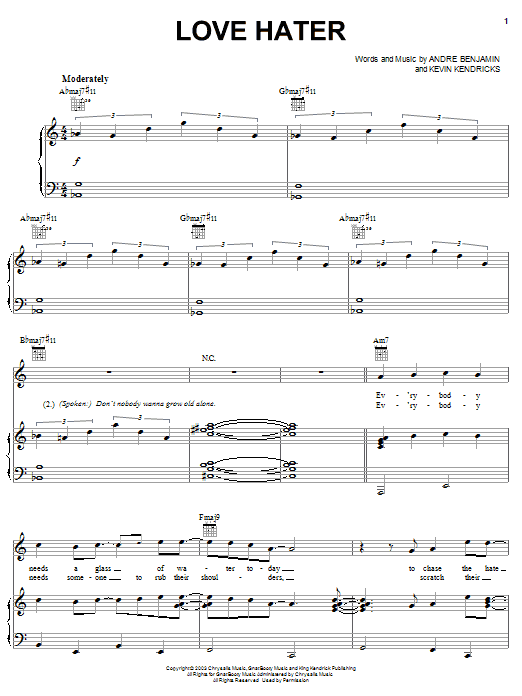 OutKast Love Hater Sheet Music Notes & Chords for Piano, Vocal & Guitar (Right-Hand Melody) - Download or Print PDF