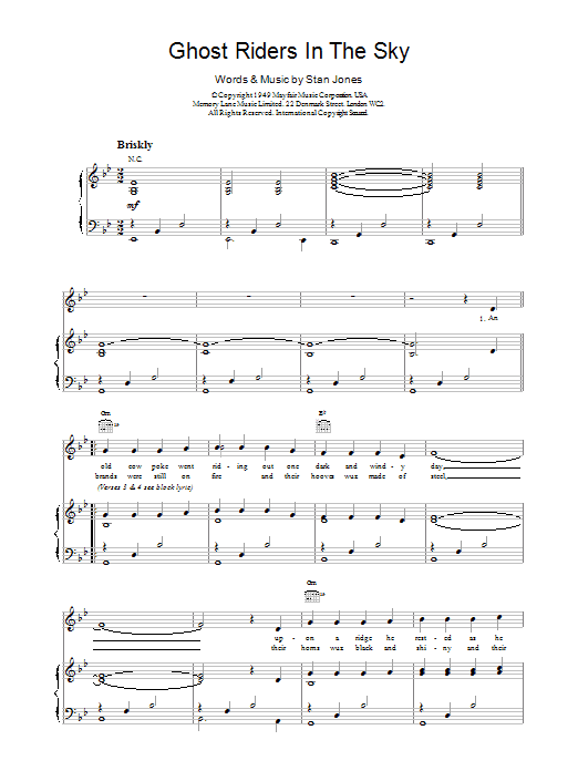 Outlaws Ghost Riders In The Sky Sheet Music Notes & Chords for Piano, Vocal & Guitar (Right-Hand Melody) - Download or Print PDF