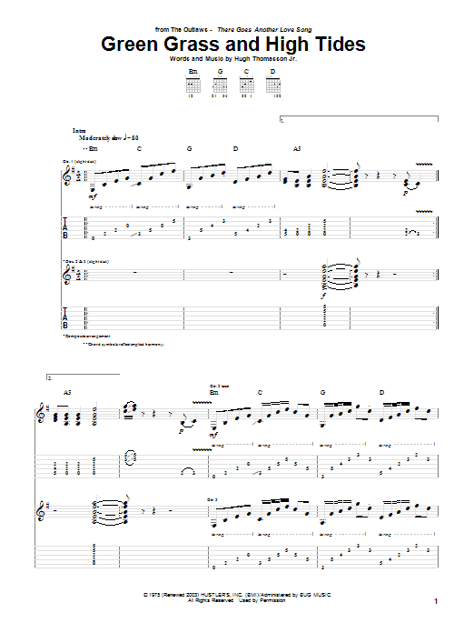 Outlaws Green Grass And High Tides Sheet Music Notes & Chords for Easy Guitar Tab - Download or Print PDF