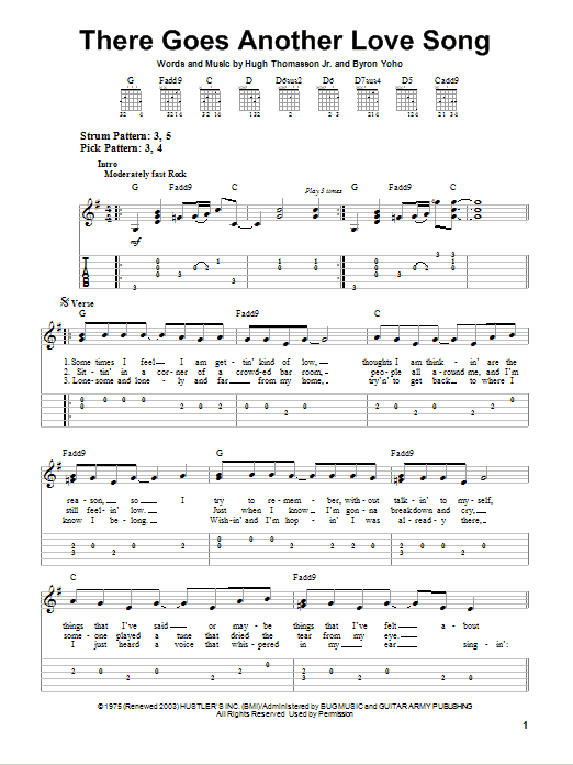 Outlaws There Goes Another Love Song Sheet Music Notes & Chords for Easy Guitar Tab - Download or Print PDF