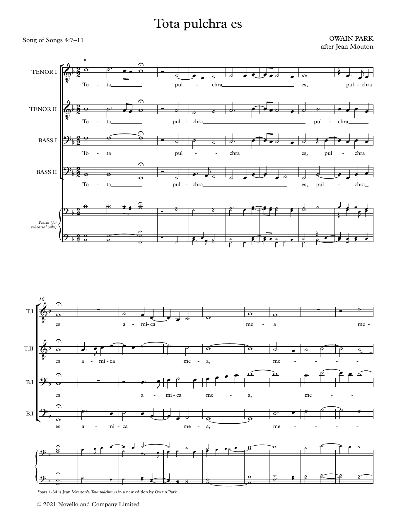 Owain Park Tota pulchra es (after Jean Mouton) Sheet Music Notes & Chords for Choir - Download or Print PDF