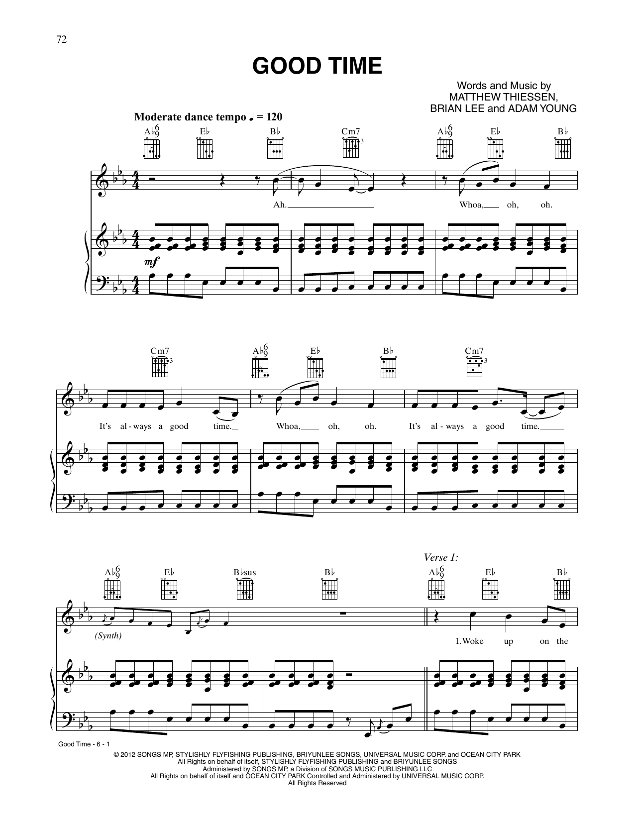 Owl City and Carly Rae Jepsen Good Time Sheet Music Notes & Chords for Piano, Vocal & Guitar Chords (Right-Hand Melody) - Download or Print PDF