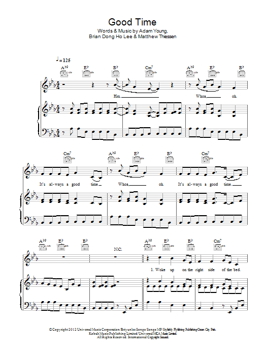 Owl City featuring Carly Rae Jepsen Good Time Sheet Music Notes & Chords for Piano, Vocal & Guitar (Right-Hand Melody) - Download or Print PDF