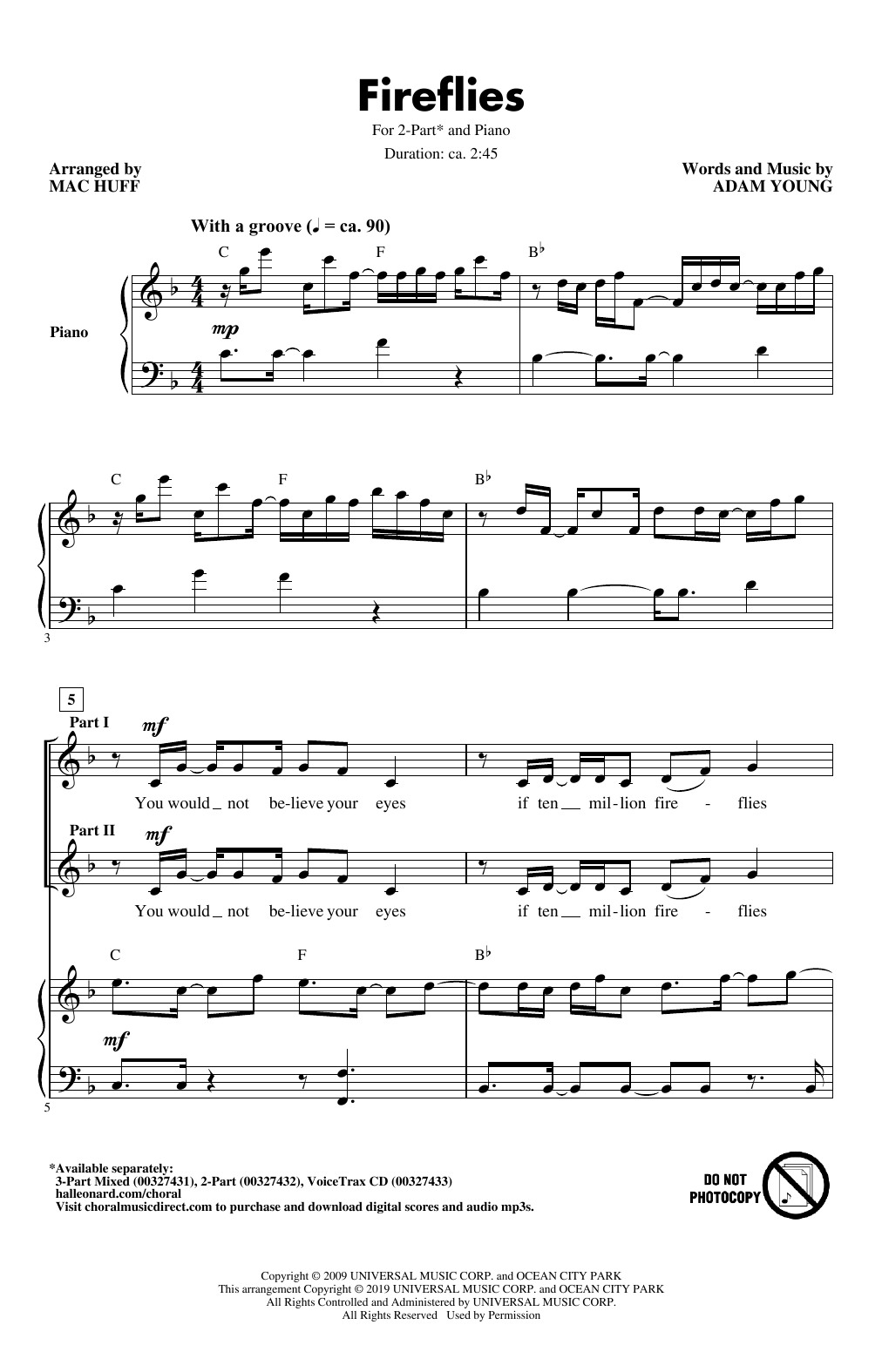 Owl City Fireflies (arr. Mac Huff) Sheet Music Notes & Chords for 2-Part Choir - Download or Print PDF