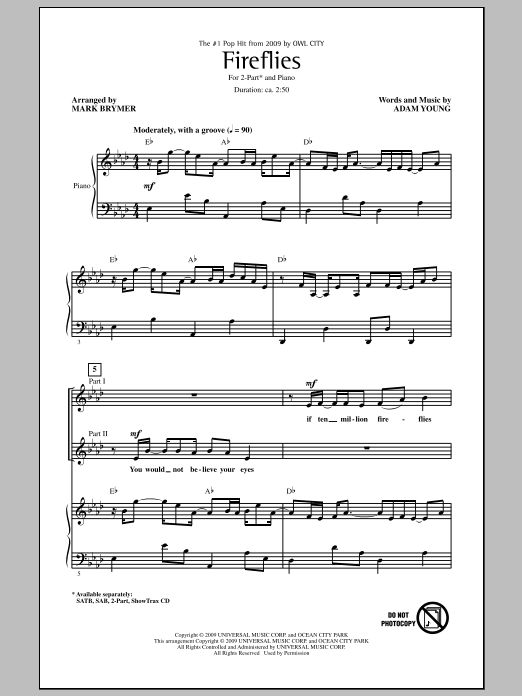 Owl City Fireflies (arr. Mark Brymer) Sheet Music Notes & Chords for 2-Part Choir - Download or Print PDF