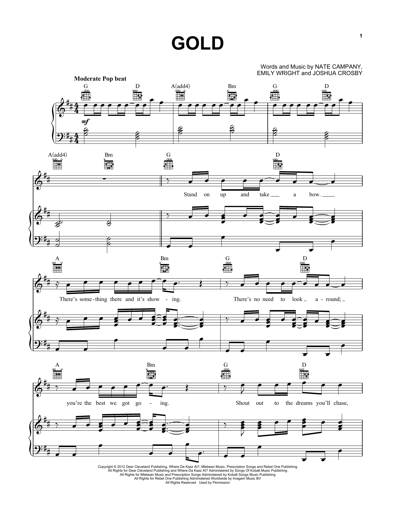 Owl City Gold Sheet Music Notes & Chords for Piano, Vocal & Guitar (Right-Hand Melody) - Download or Print PDF
