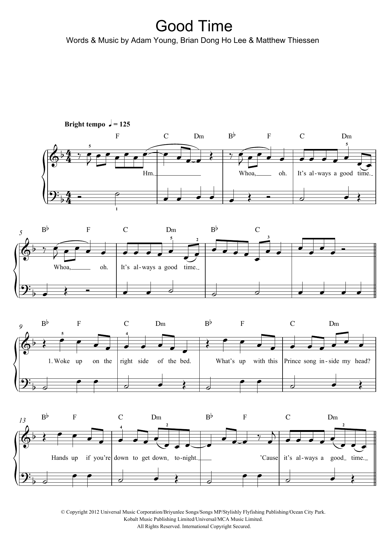 Owl City Good Time (feat. Carly Rae Jepsen) Sheet Music Notes & Chords for Easy Piano - Download or Print PDF