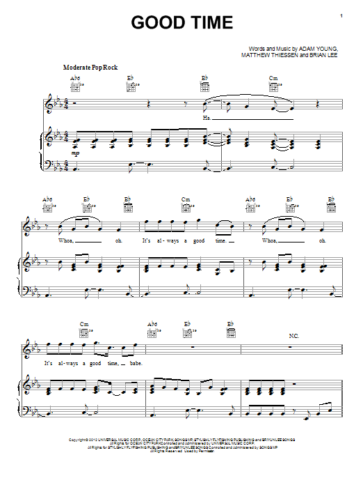Owl City Good Time Sheet Music Notes & Chords for Piano, Vocal & Guitar (Right-Hand Melody) - Download or Print PDF