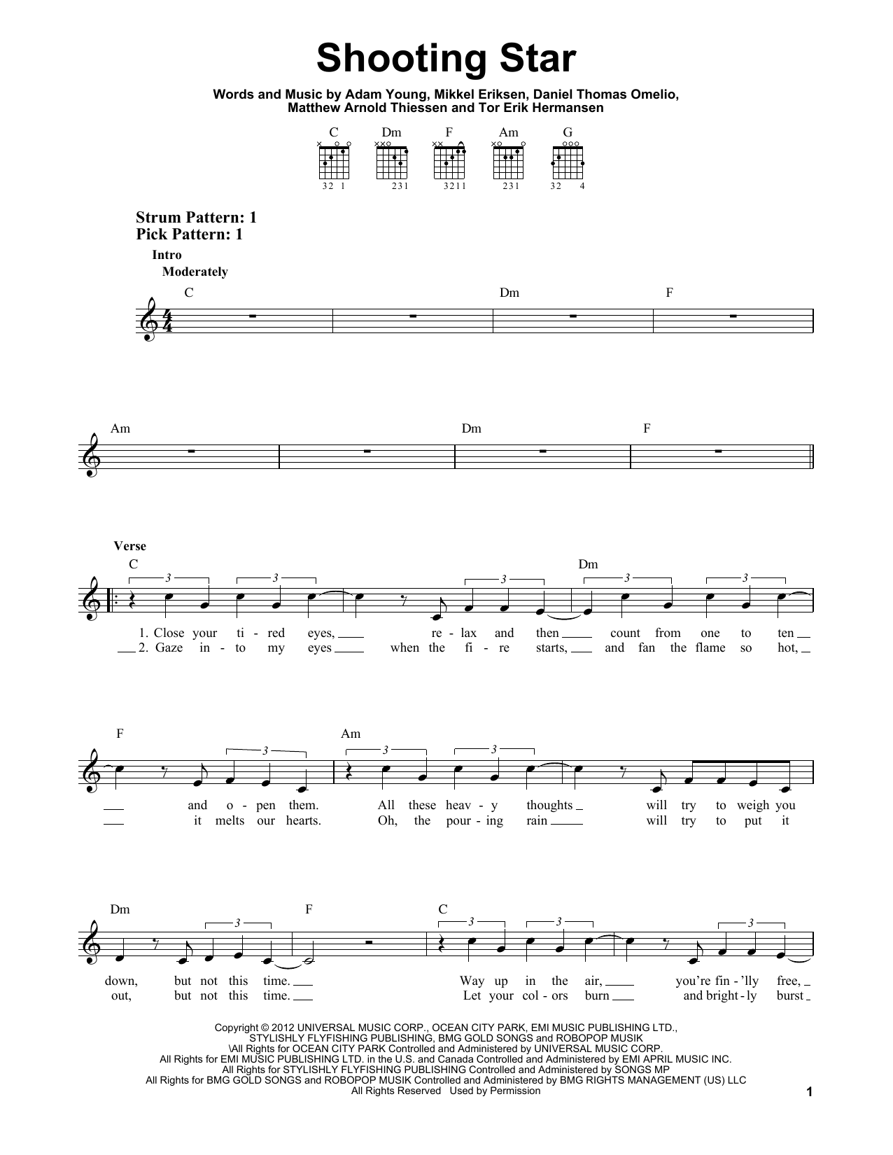 Owl City Shooting Star Sheet Music Notes & Chords for Piano, Vocal & Guitar (Right-Hand Melody) - Download or Print PDF