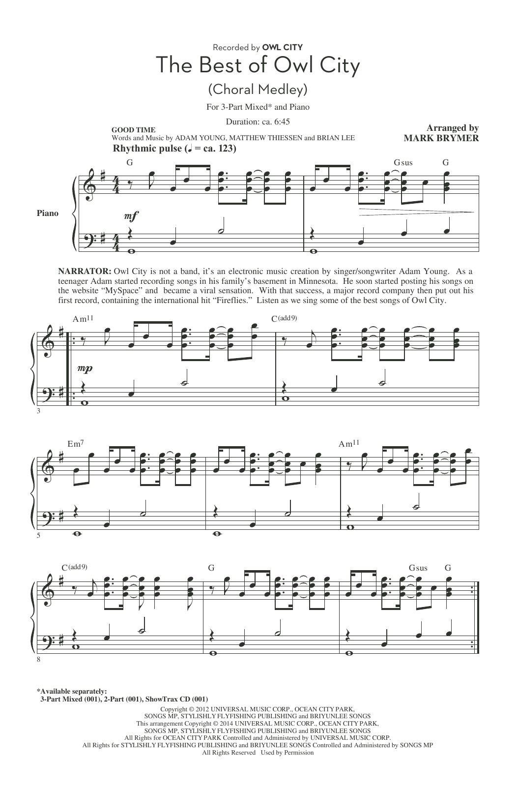 Owl City Fireflies (arr. Mark Brymer) Sheet Music Notes & Chords for 3-Part Mixed - Download or Print PDF