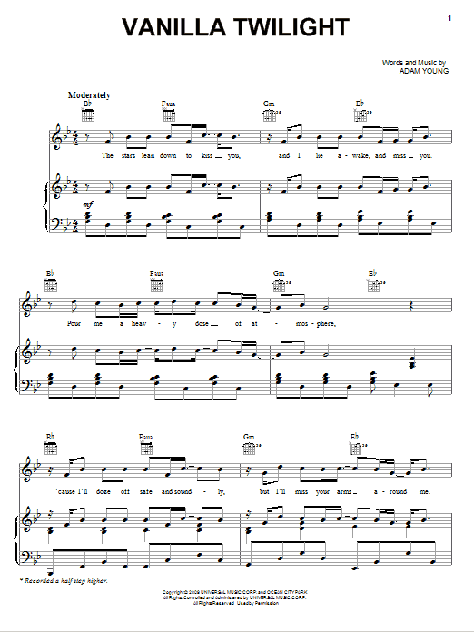 Owl City Vanilla Twilight Sheet Music Notes & Chords for Piano, Vocal & Guitar (Right-Hand Melody) - Download or Print PDF