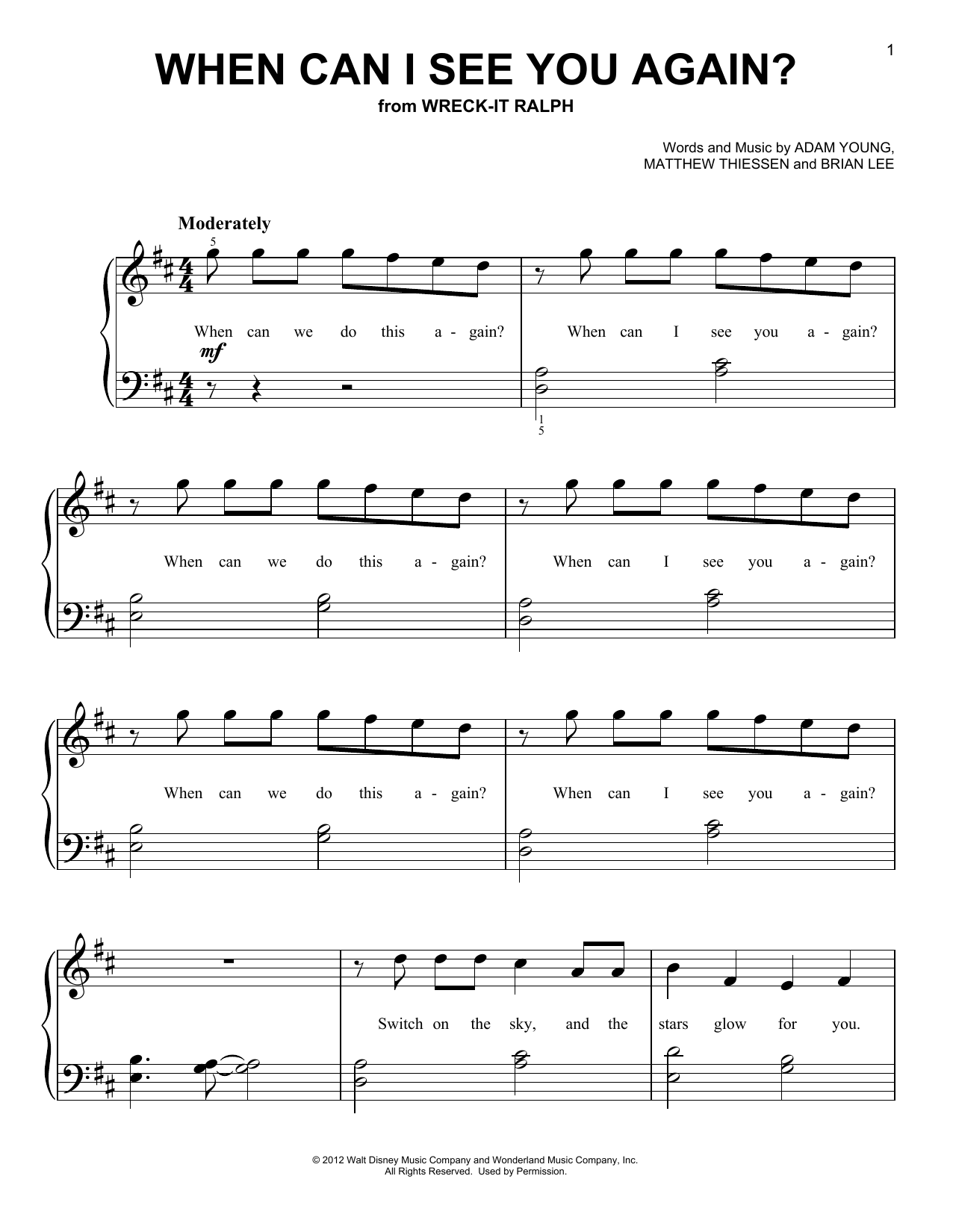Owl City When Can I See You Again? (from Wreck-It Ralph) Sheet Music Notes & Chords for Very Easy Piano - Download or Print PDF