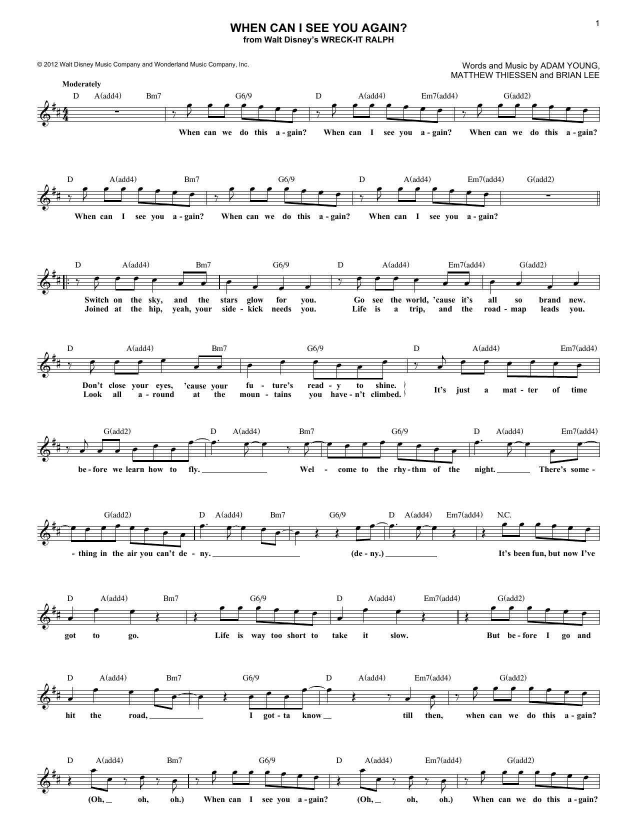 Owl City When Can I See You Again? Sheet Music Notes & Chords for Melody Line, Lyrics & Chords - Download or Print PDF