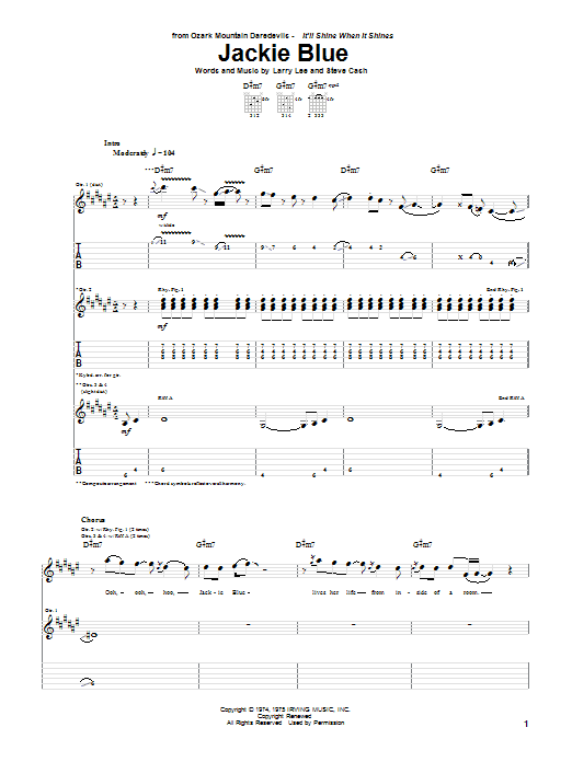 Ozark Mountain Daredevils Jackie Blue Sheet Music Notes & Chords for Easy Guitar Tab - Download or Print PDF