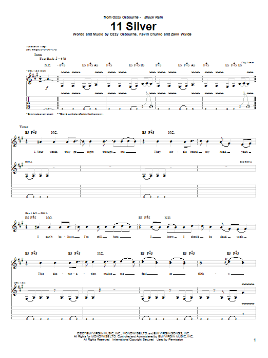 Ozzy Osbourne 11 Silver Sheet Music Notes & Chords for Guitar Tab - Download or Print PDF