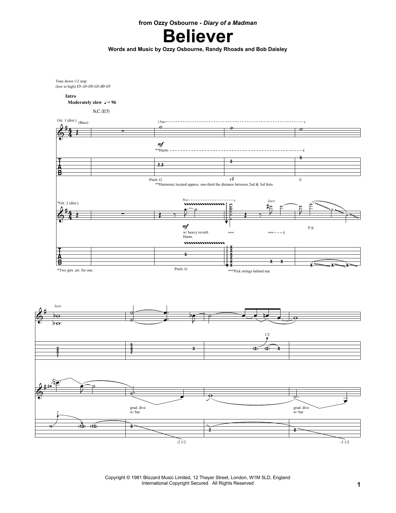 Ozzy Osbourne Believer Sheet Music Notes & Chords for Guitar Tab - Download or Print PDF