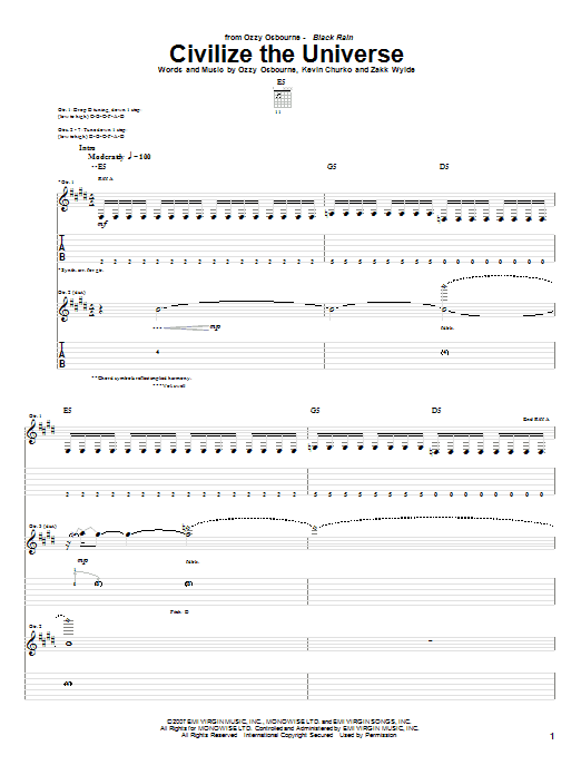 Ozzy Osbourne Civilize The Universe Sheet Music Notes & Chords for Guitar Tab - Download or Print PDF