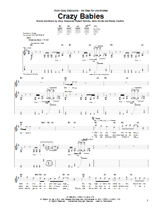 Ozzy Osbourne Crazy Babies Sheet Music Notes & Chords for Guitar Tab - Download or Print PDF