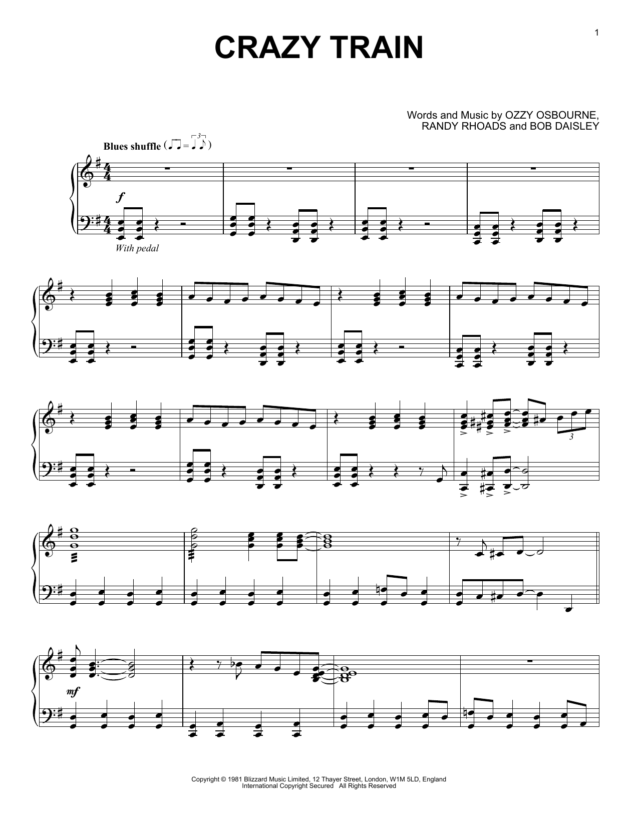 Ozzy Osbourne Crazy Train [Jazz version] Sheet Music Notes & Chords for Piano - Download or Print PDF