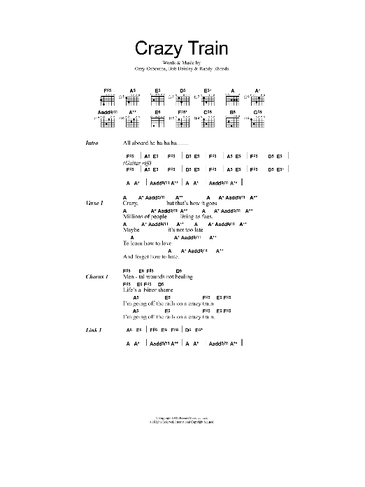 Ozzy Osbourne Crazy Train Sheet Music Notes & Chords for Guitar Tab - Download or Print PDF