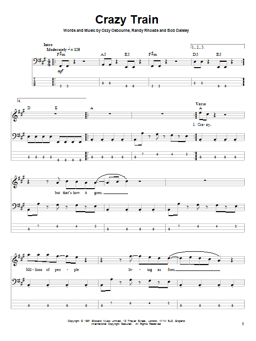 Ozzy Osbourne Crazy Train Sheet Music Notes & Chords for Drums Transcription - Download or Print PDF