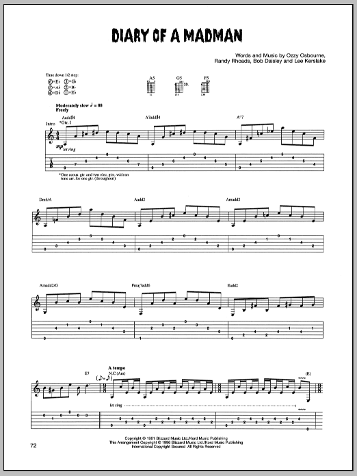 Ozzy Osbourne Diary Of A Madman Sheet Music Notes & Chords for Guitar Tab - Download or Print PDF