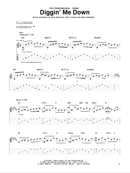 Ozzy Osbourne Diggin' Me Down Sheet Music Notes & Chords for Guitar Tab - Download or Print PDF