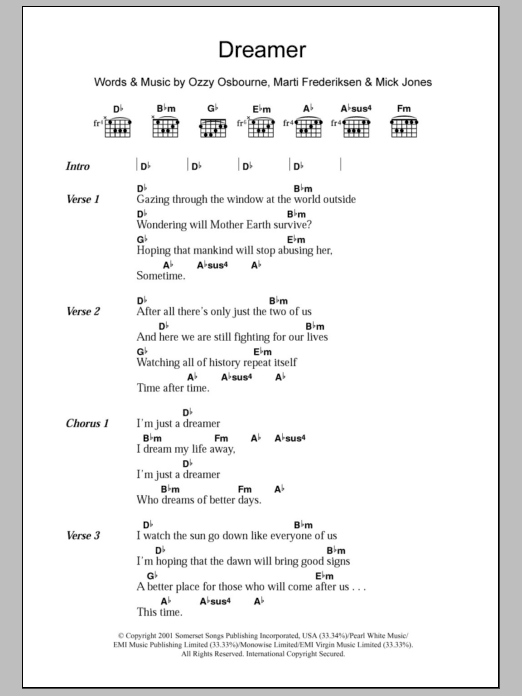 Ozzy Osbourne Dreamer Sheet Music Notes & Chords for Lyrics & Chords - Download or Print PDF