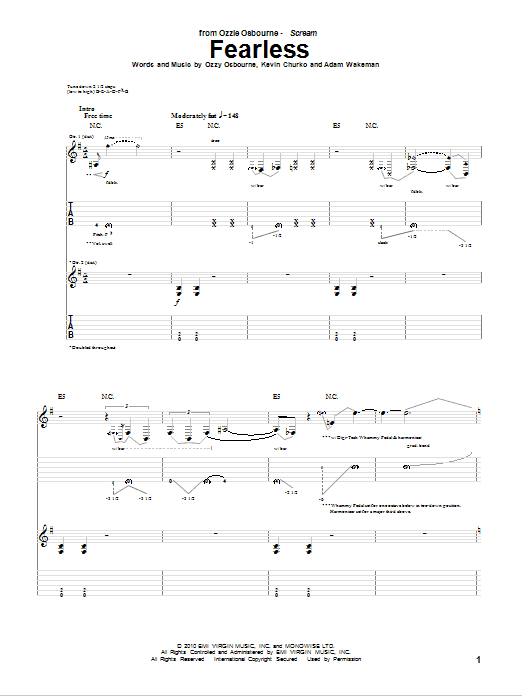 Ozzy Osbourne Fearless Sheet Music Notes & Chords for Guitar Tab - Download or Print PDF