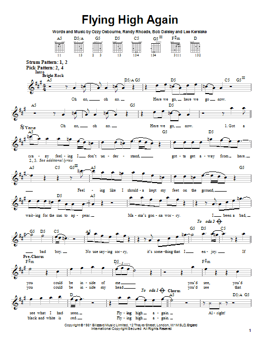 Ozzy Osbourne Flying High Again Sheet Music Notes & Chords for Easy Guitar - Download or Print PDF