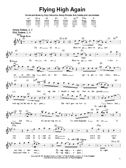 Ozzy Osbourne Flying High Again sheet music notes and chords. Download Printable PDF.