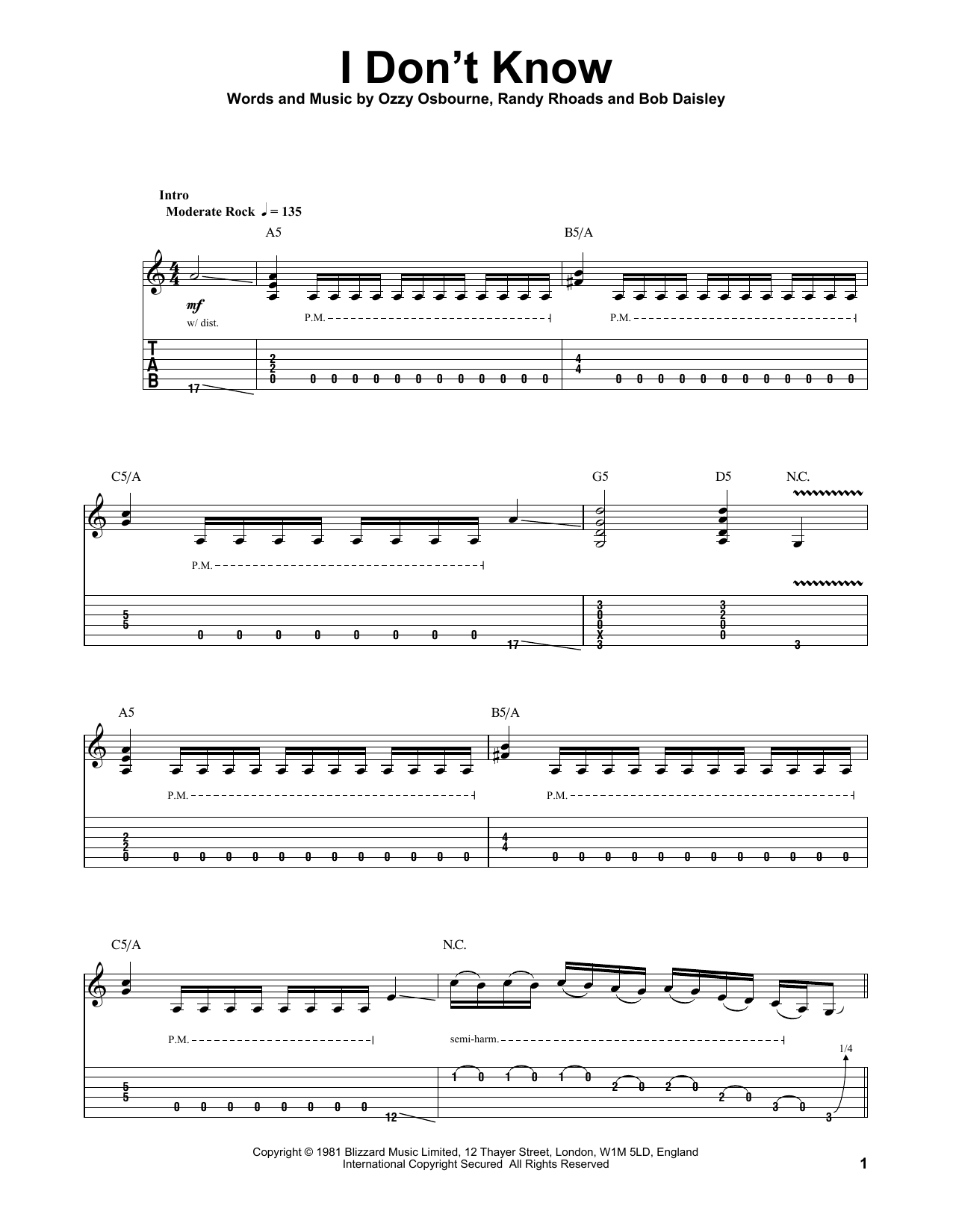 Ozzy Osbourne I Don't Know Sheet Music Notes & Chords for Guitar Tab Play-Along - Download or Print PDF