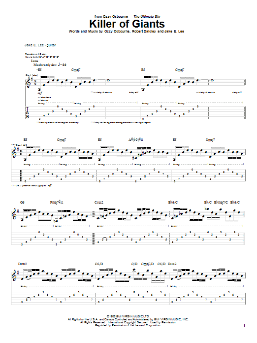 Ozzy Osbourne Killer Of Giants Sheet Music Notes & Chords for Guitar Tab - Download or Print PDF