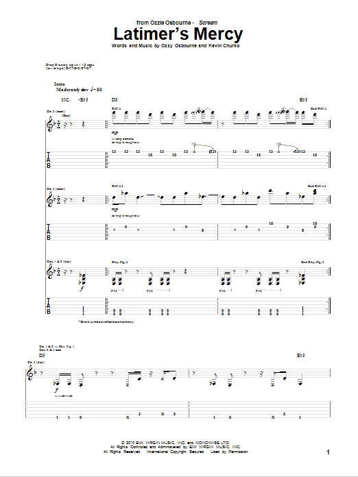 Ozzy Osbourne Latimer's Mercy Sheet Music Notes & Chords for Guitar Tab - Download or Print PDF