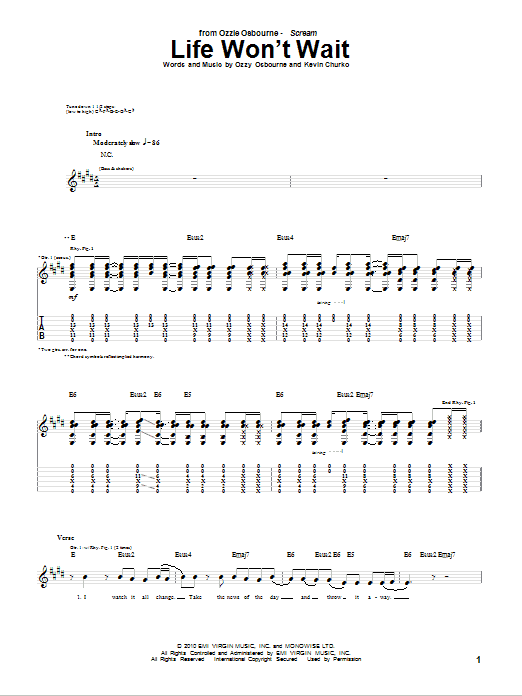 Ozzy Osbourne Life Won't Wait Sheet Music Notes & Chords for Guitar Tab - Download or Print PDF