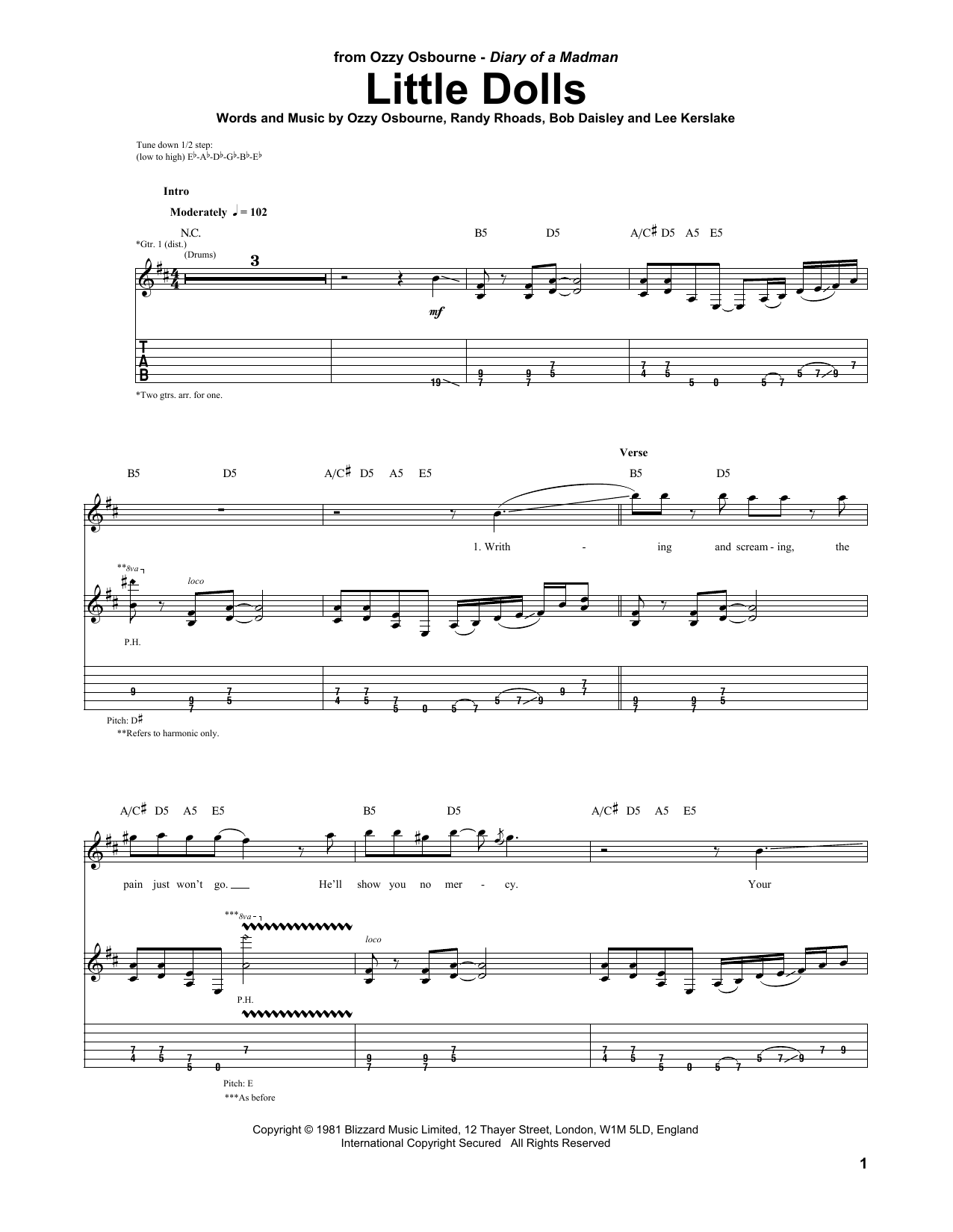 Ozzy Osbourne Little Dolls Sheet Music Notes & Chords for Guitar Tab - Download or Print PDF