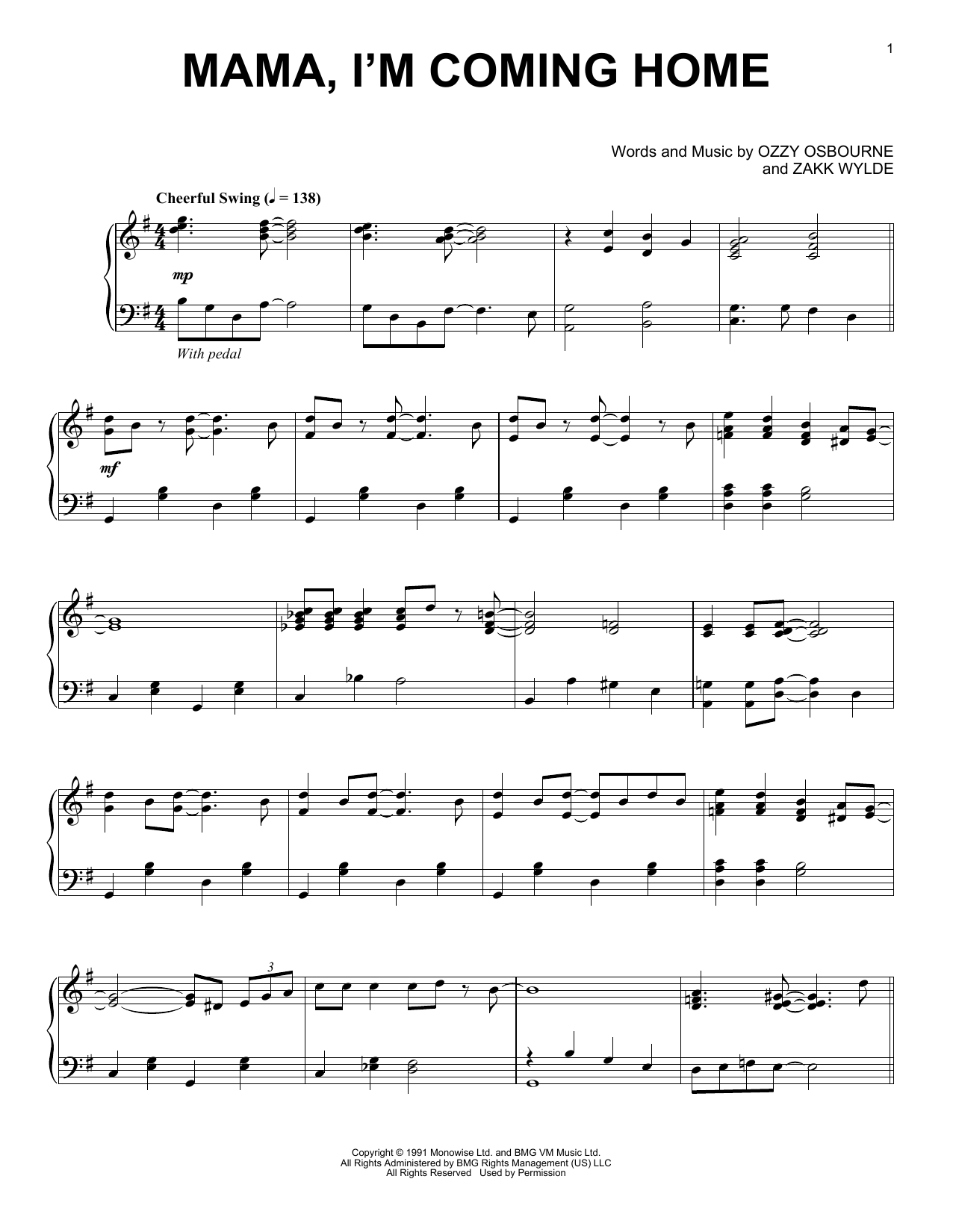 Ozzy Osbourne Mama, I'm Coming Home [Jazz version] Sheet Music Notes & Chords for Piano - Download or Print PDF