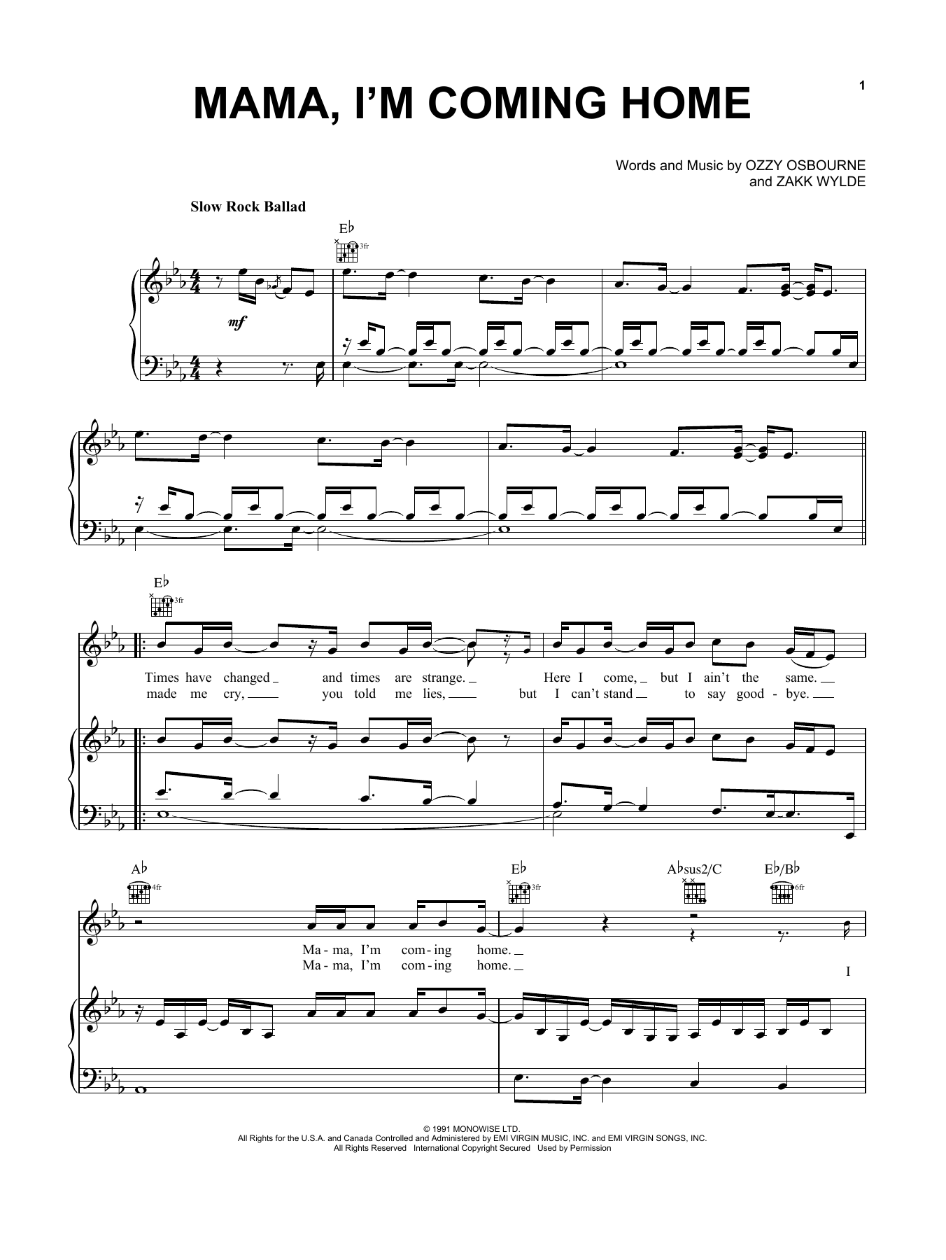 Ozzy Osbourne Mama, I'm Coming Home Sheet Music Notes & Chords for Guitar Tab Play-Along - Download or Print PDF