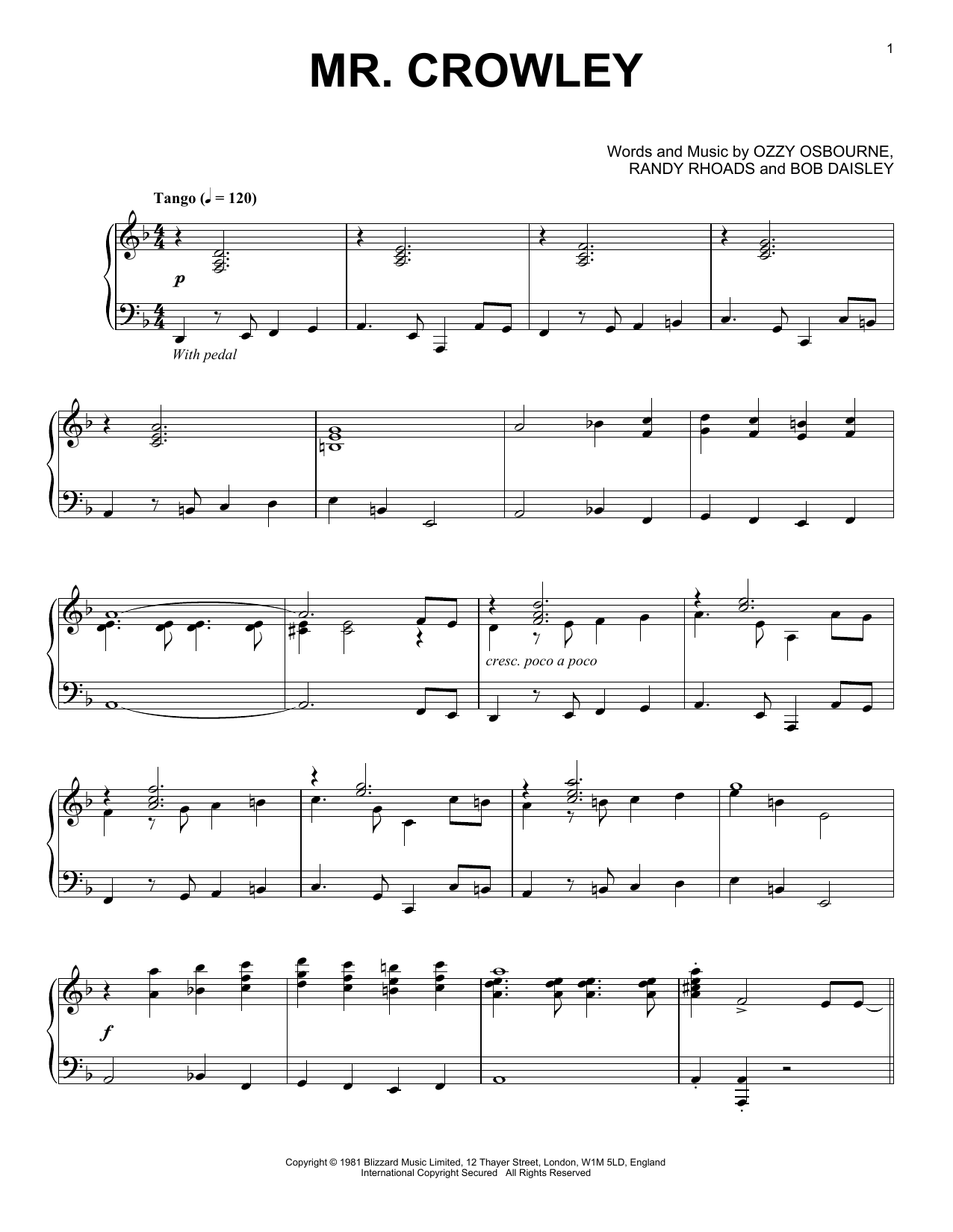 Ozzy Osbourne Mr. Crowley [Jazz version] Sheet Music Notes & Chords for Piano - Download or Print PDF