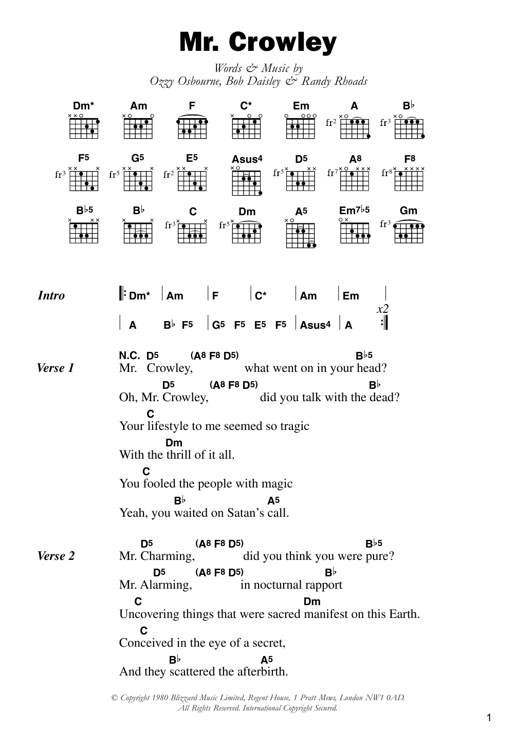 Ozzy Osbourne Mr. Crowley Sheet Music Notes & Chords for Guitar Tab Play-Along - Download or Print PDF