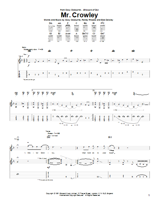 Ozzy Osbourne Mr. Crowley Sheet Music Notes & Chords for Lyrics & Chords - Download or Print PDF