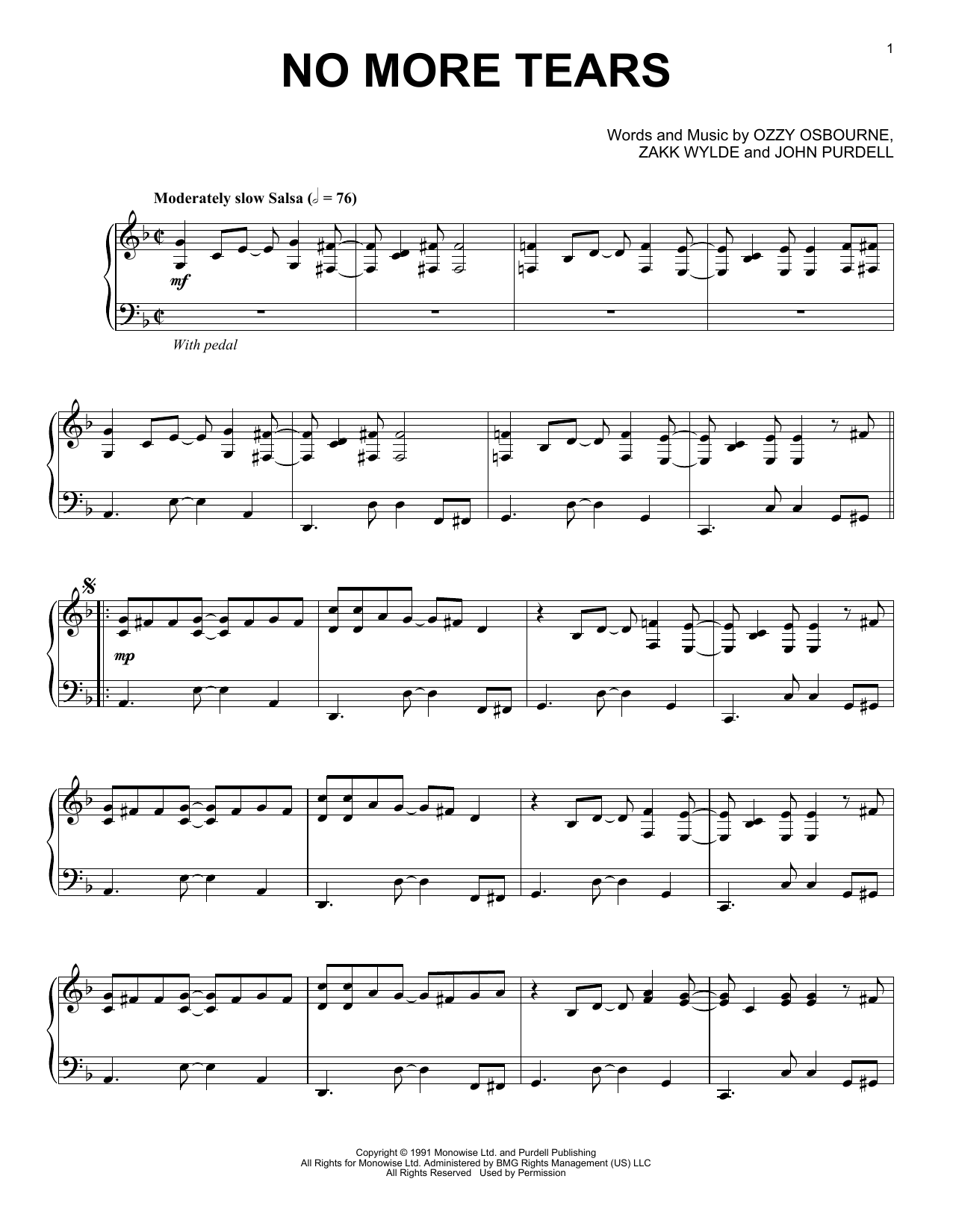 Ozzy Osbourne No More Tears [Jazz version] Sheet Music Notes & Chords for Piano - Download or Print PDF