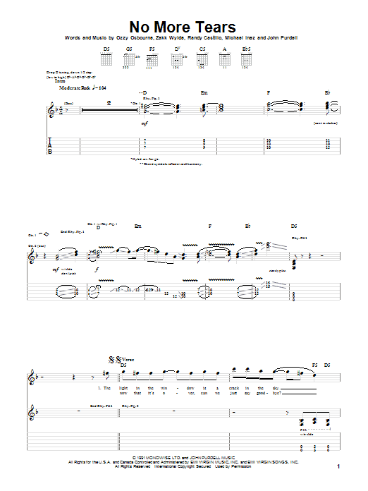 Ozzy Osbourne No More Tears Sheet Music Notes & Chords for Guitar Tab Play-Along - Download or Print PDF