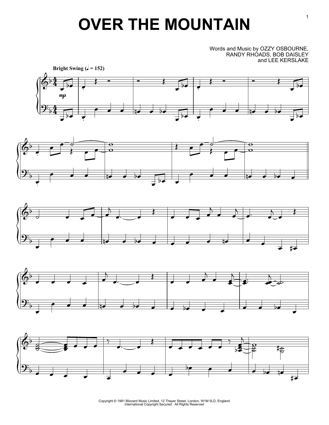 Ozzy Osbourne Over The Mountain [Jazz version] Sheet Music Notes & Chords for Piano - Download or Print PDF