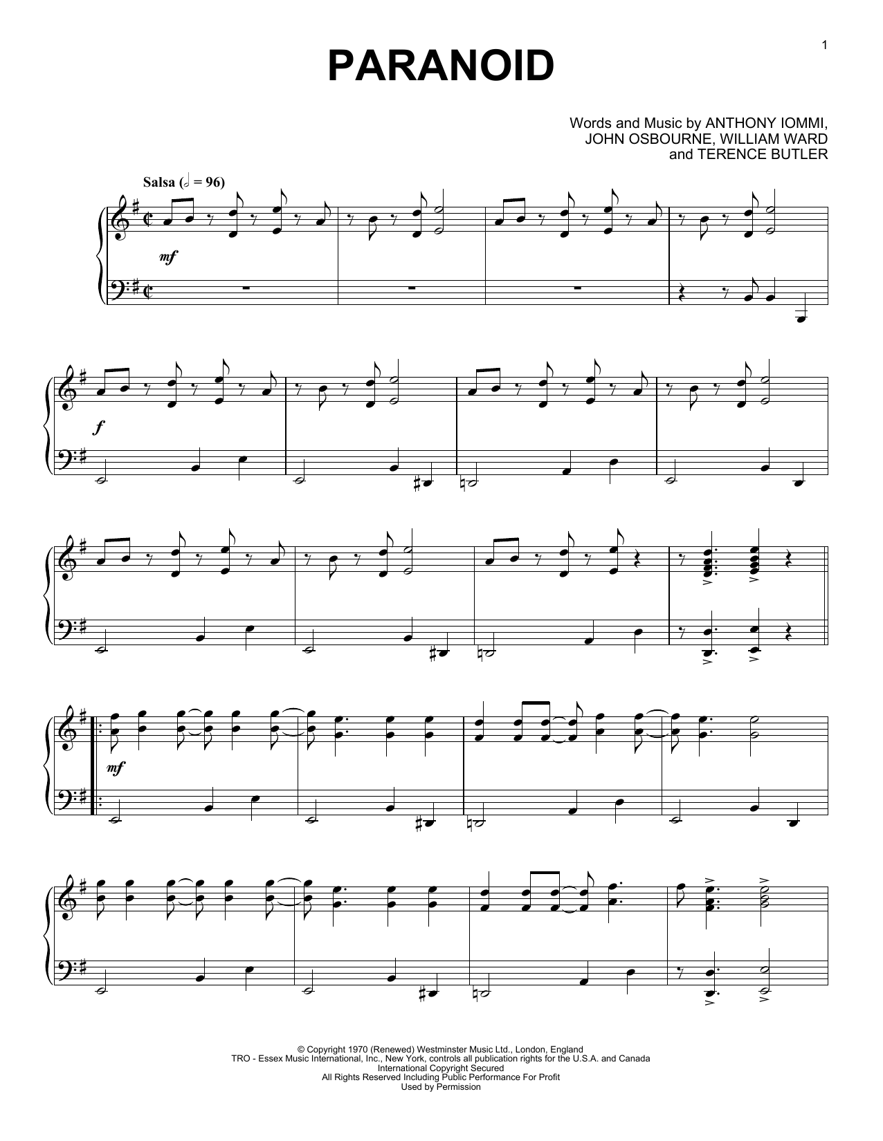 Ozzy Osbourne Paranoid [Jazz version] Sheet Music Notes & Chords for Piano - Download or Print PDF