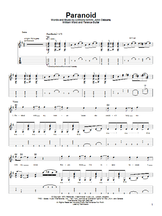 Ozzy Osbourne Paranoid Sheet Music Notes & Chords for Guitar Tab - Download or Print PDF