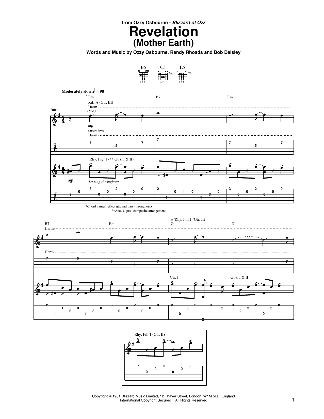 Ozzy Osbourne Revelation (Mother Earth) Sheet Music Notes & Chords for Guitar Tab - Download or Print PDF