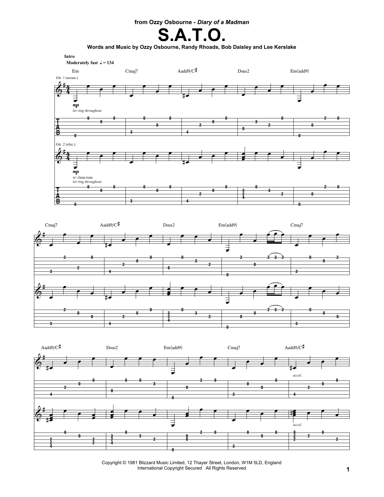 Ozzy Osbourne S.A.T.O. Sheet Music Notes & Chords for Guitar Tab - Download or Print PDF